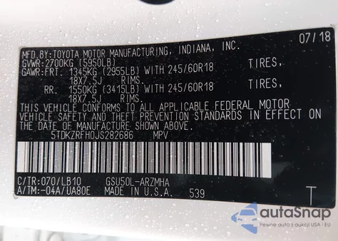 2018 Toyota Highlander Xle from USA, damaged, VIN 5TDKZRFH0JS282686